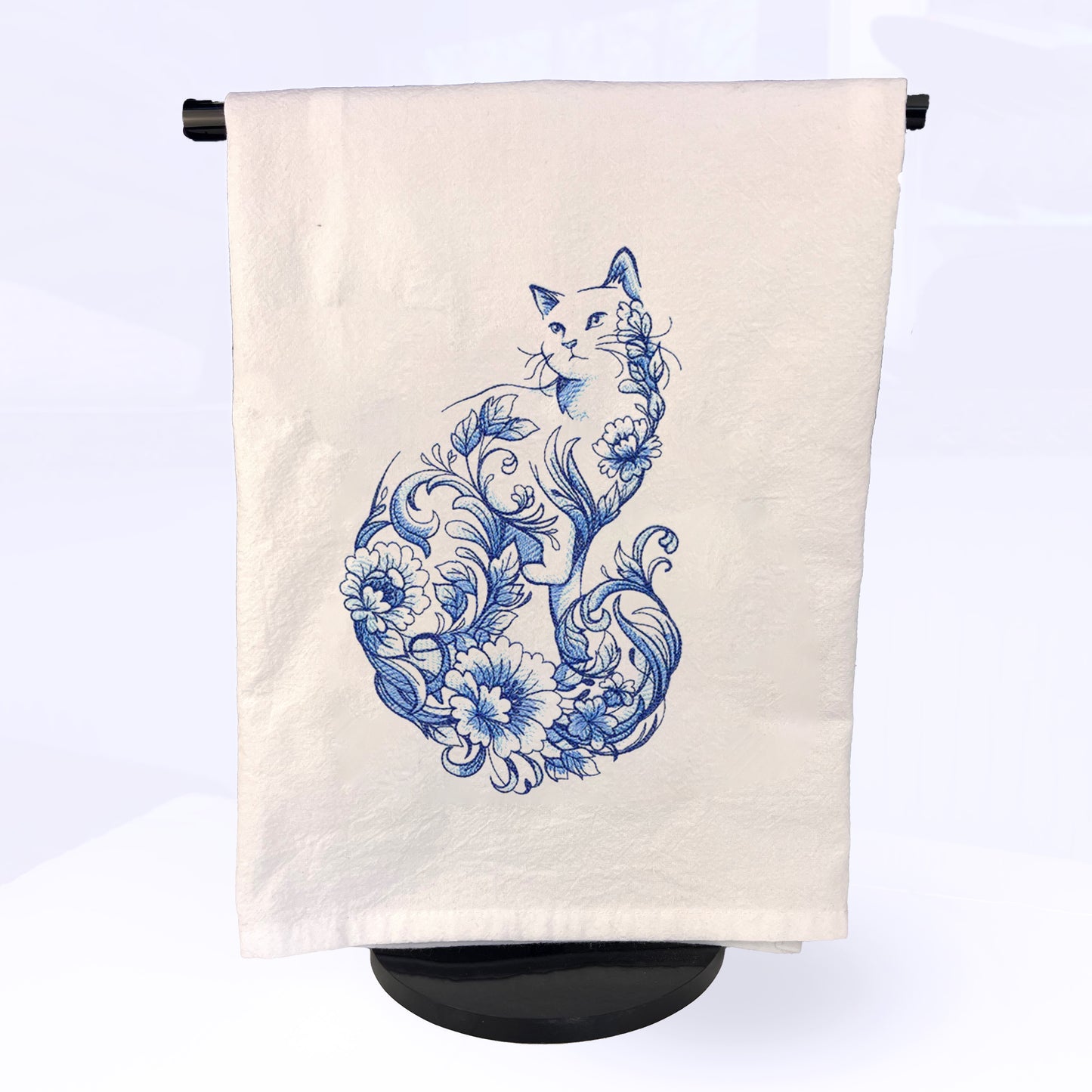 Delft Blue Floral Cat Flour Sack Tea Towel