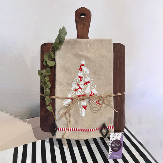 Walnut CharCATerie Board Gift Set with Tea Towel - Cat Themed