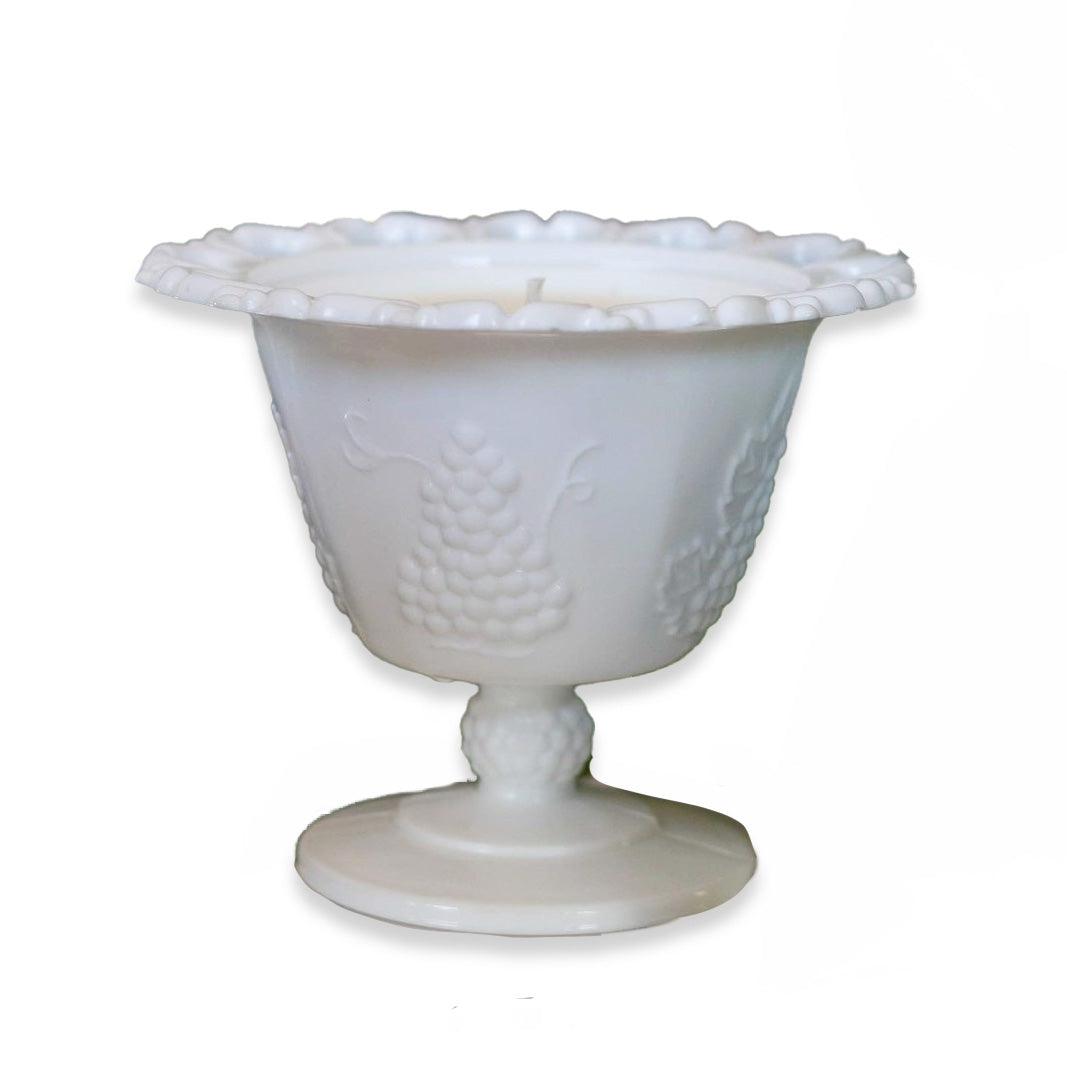 Vintage Indiana Glass Company Scalloped Lace Edge Compote Milk Glass Grape Harvest Collectible