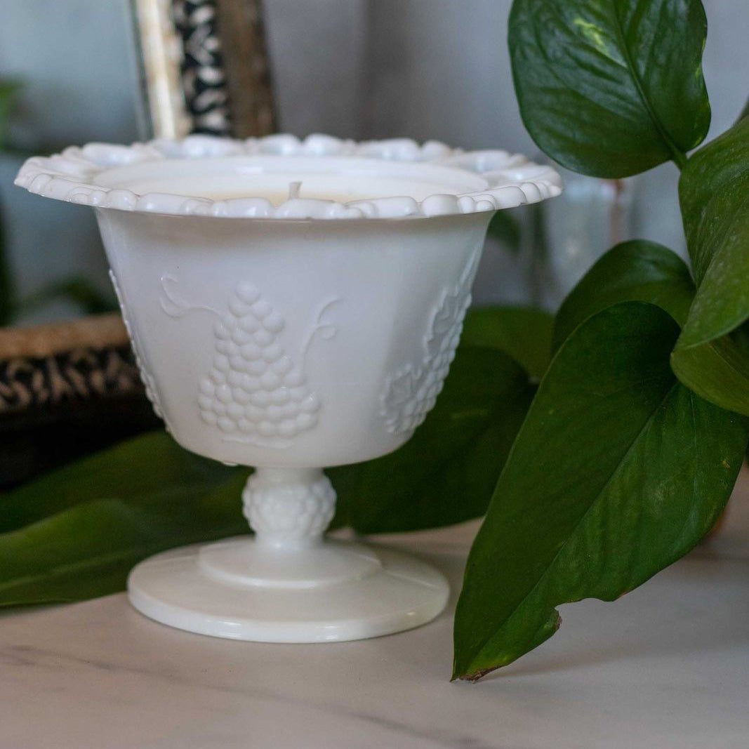 Vintage Indiana Glass Company Scalloped Lace Edge Compote Milk Glass Grape Harvest Collectible