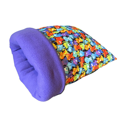 Sleeping Bag for Cats Hand-sewn Colorful Cats print and purple Felt Inside