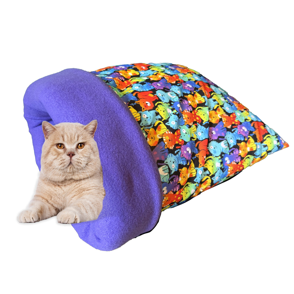 Sleeping Bag for Cats Hand-sewn Colorful Cats print and purple Felt Inside