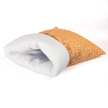 Sleeping Bag for Cats Hand-sewn Tan with Cat-themed words and White Felt Inside