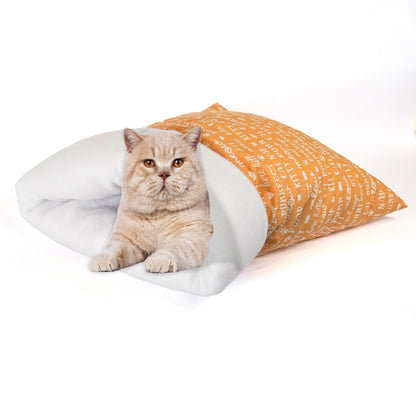 Sleeping Bag for Cats Hand-sewn Tan with Cat-themed words and White Felt Inside