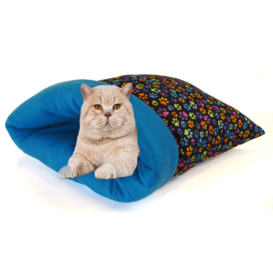 Sleeping Bag for Cats Handsewn Colorful Paw Print Pattern and Blue Felt  Inside