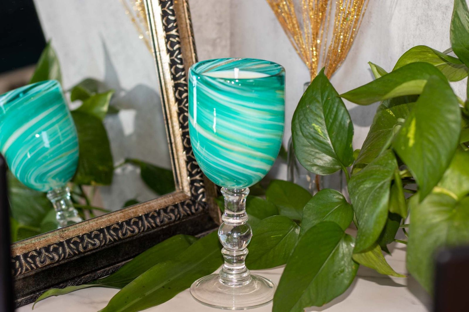 Teal, White, Gold Art Glass Goblet